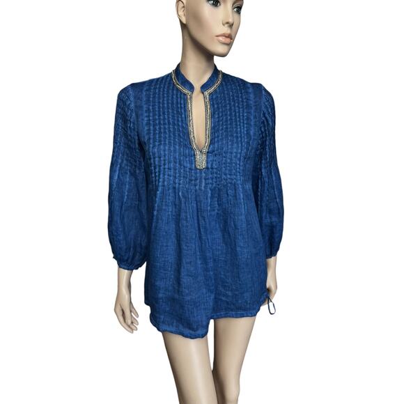 120% Lino Tops - 120% Lino Blue Conscious Split-Neck Linen Blouse Rhinestone Embellishment Sz M